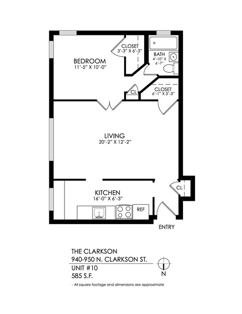 Floor plan for 1 bed, 1 bath, 575 sqft